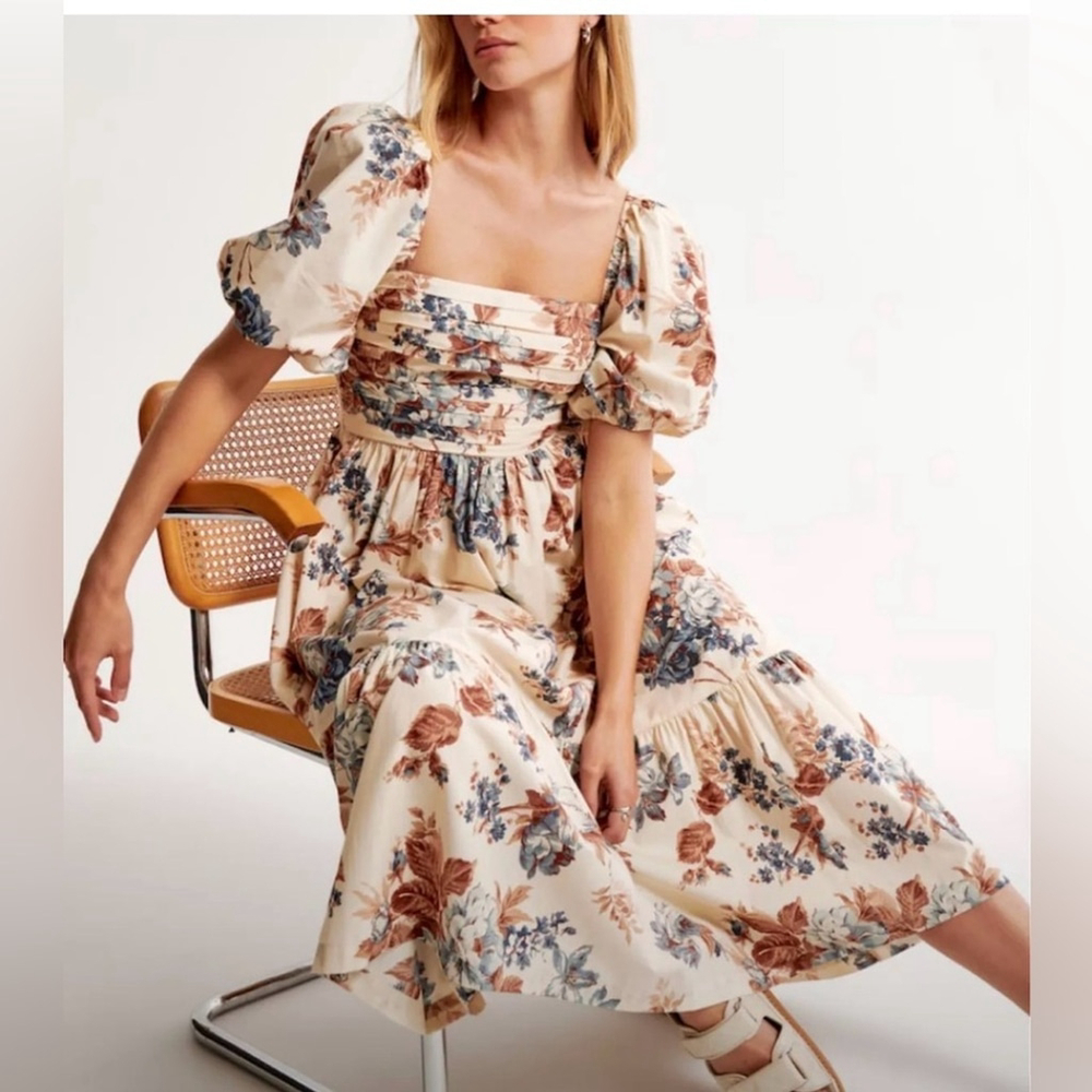 Abercrombie & Fitch The Emerson Poplin Puff Sleeve Midi Dress — Smocked Back m - Picture 8 of 14